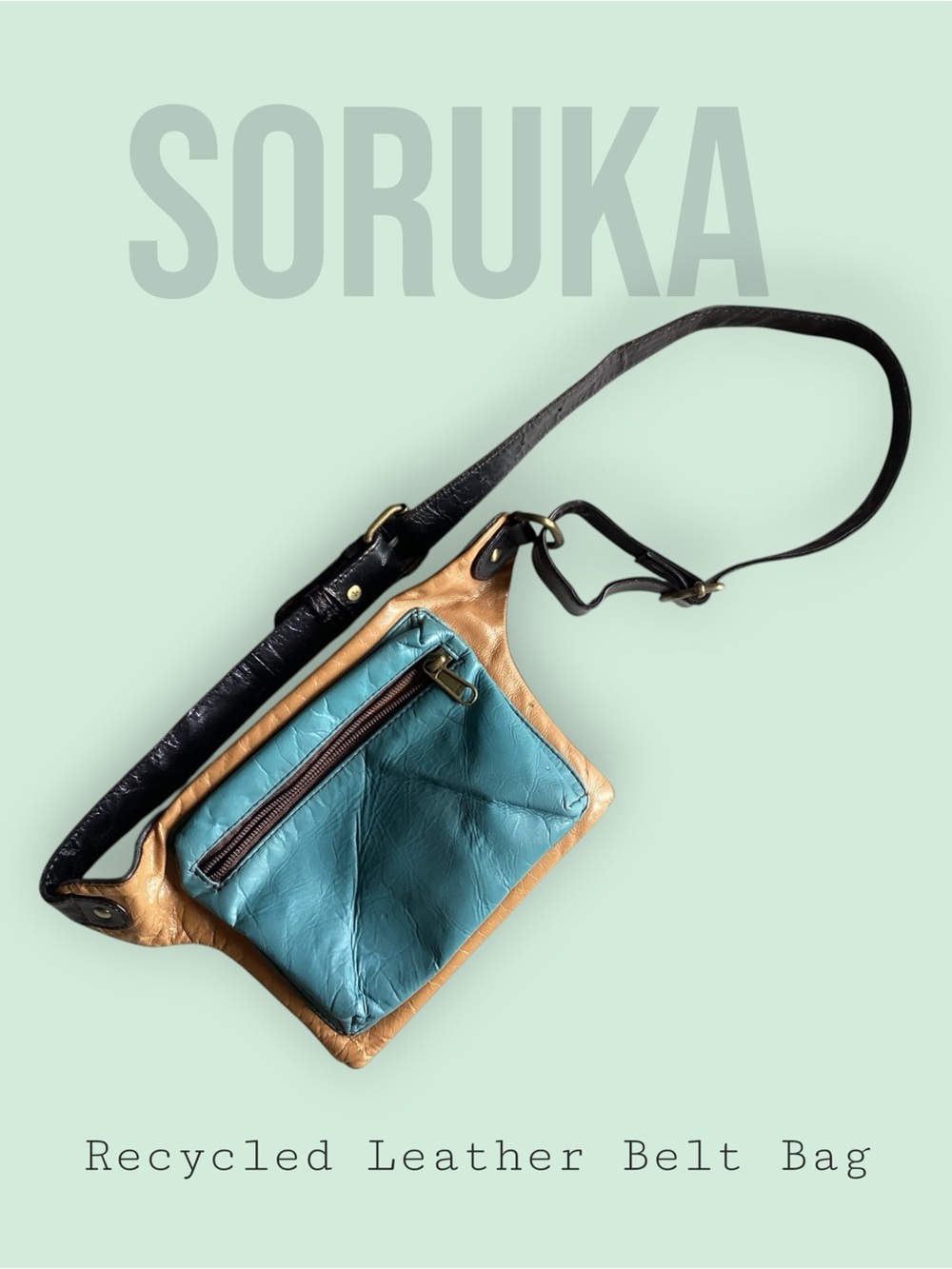 Recycled Leather Belt Bag by Soruka Colorblock Teal & Tan